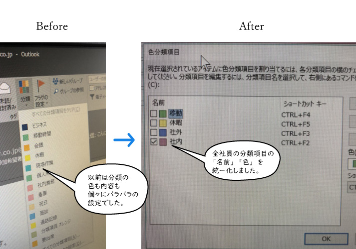 分類項目を最小限に色も全員で統一する